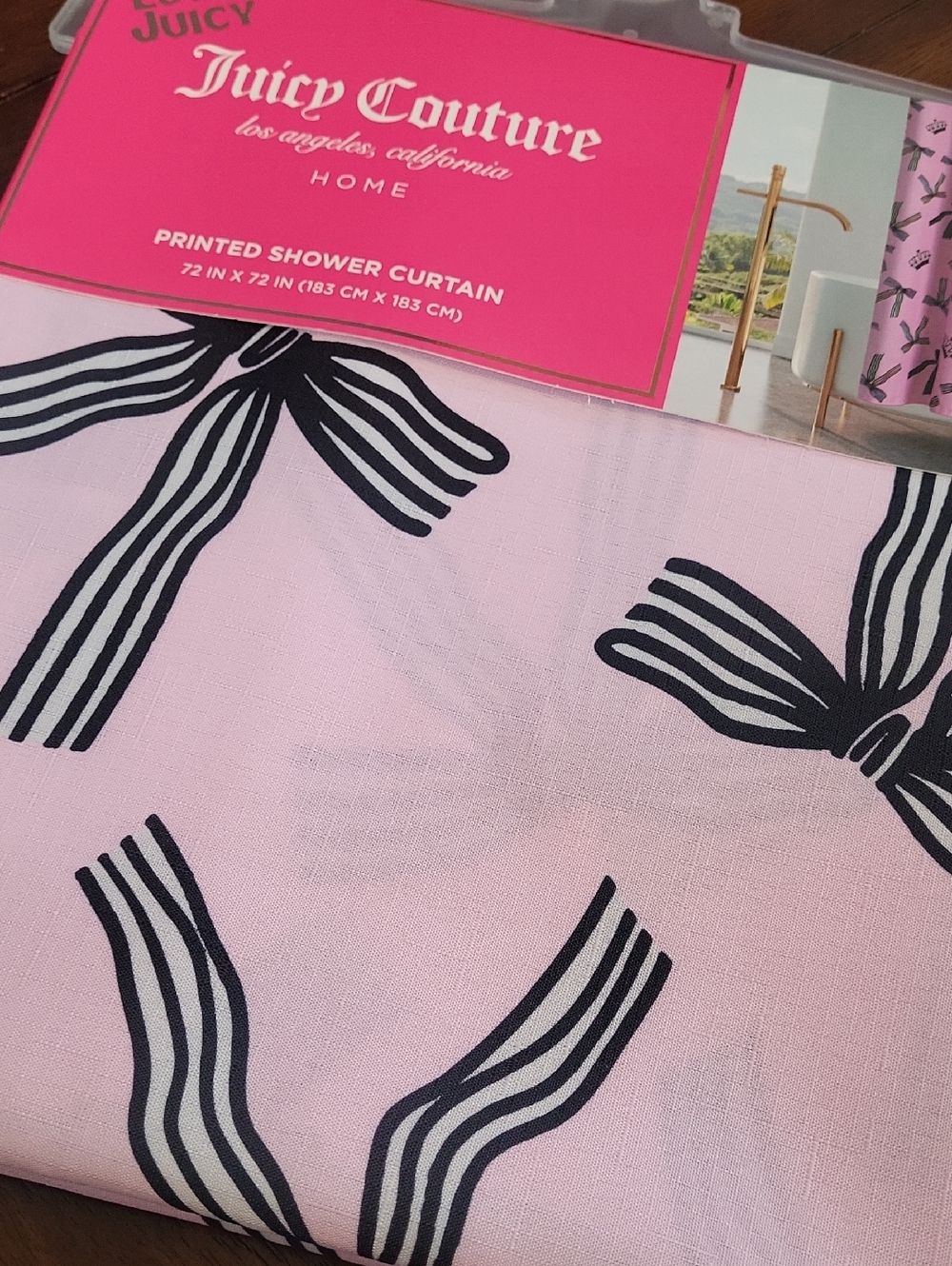 Juicy Couture Pink Shower Curtain with Black Bow Motif